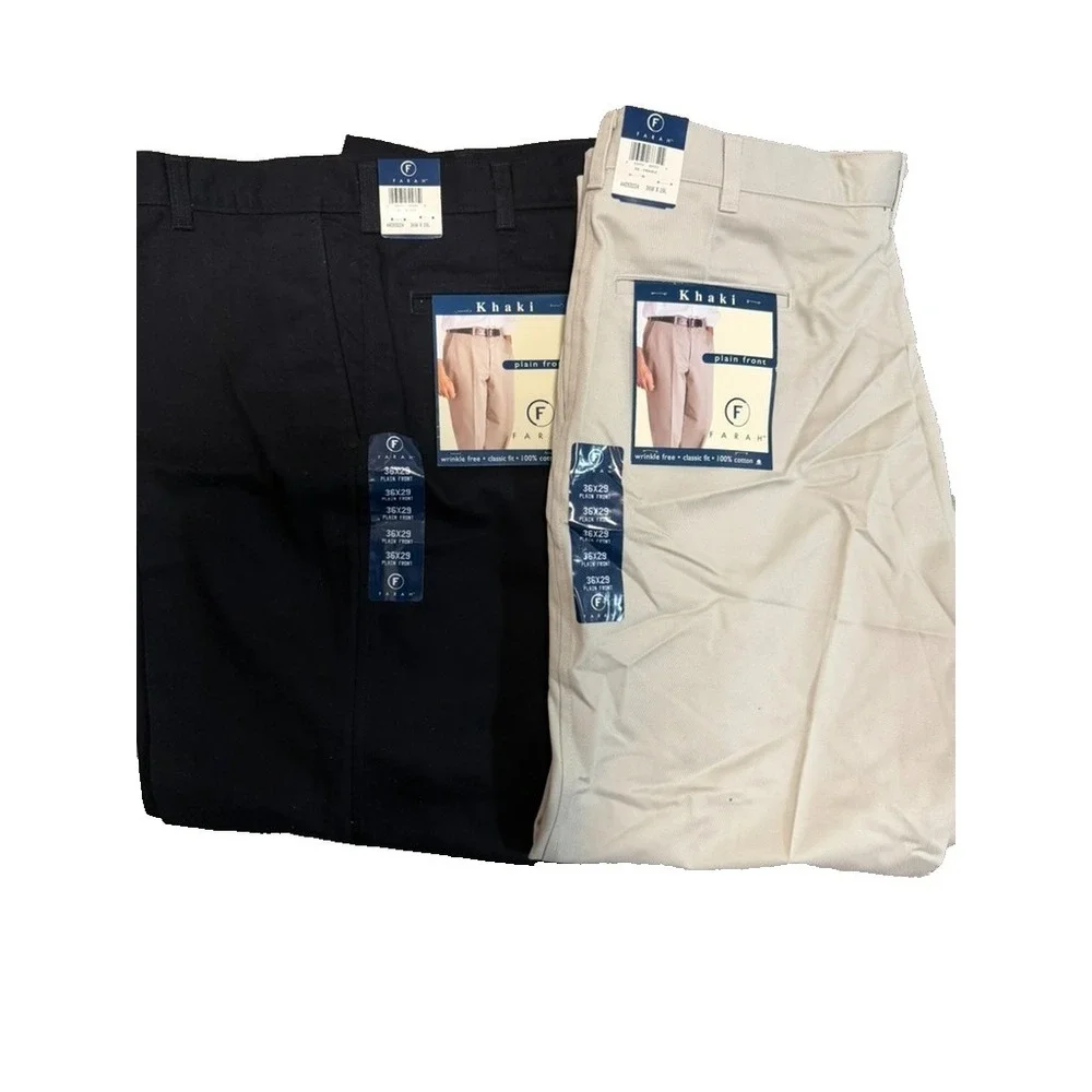 Lot of 2 Farah Khaki Pants Men 36x29 Black Beige NWT Classic Fit Plain Front